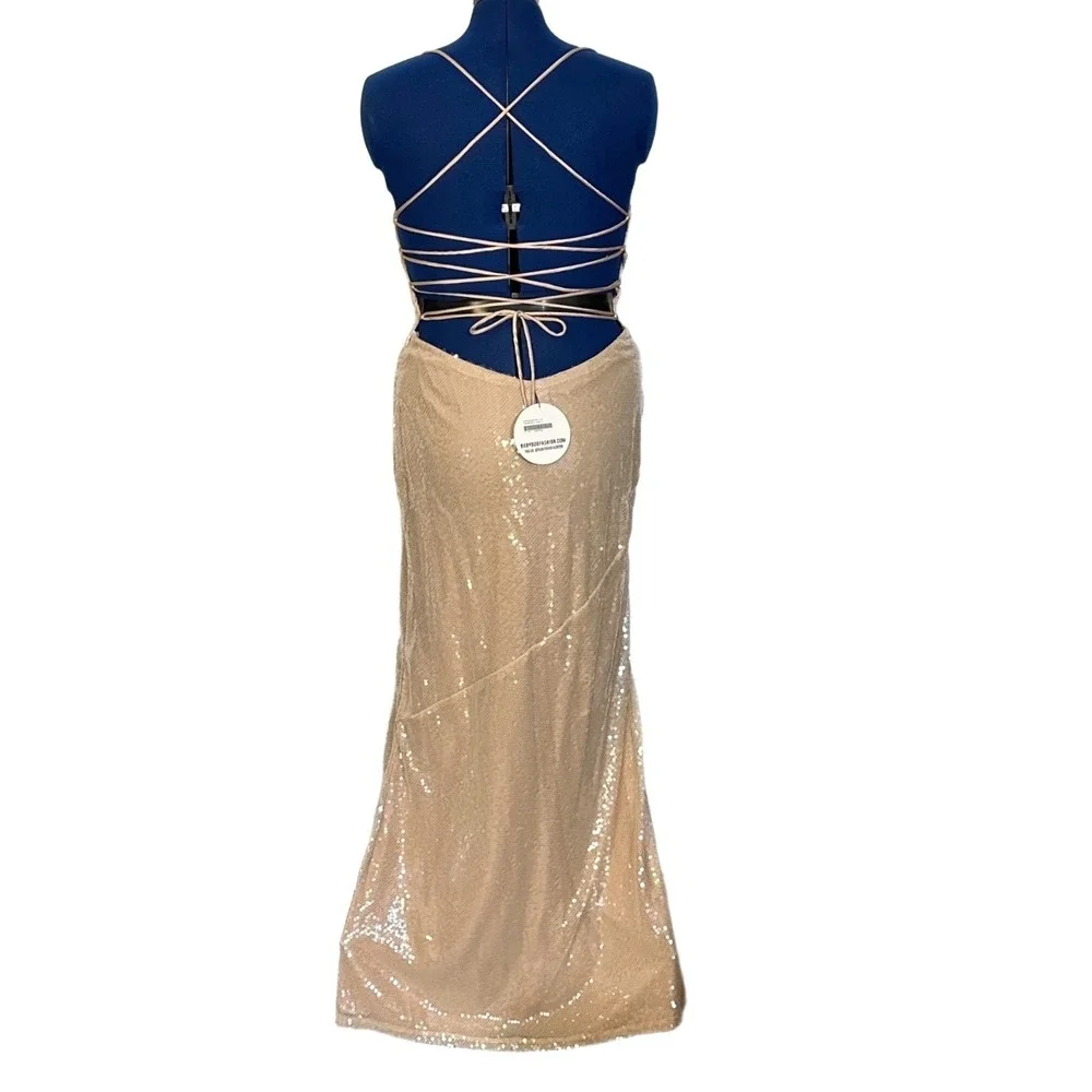 Babyboo Bells Maxi Dress Sequin Lace Up Back XL Nude Formal Prom BBF3507-D